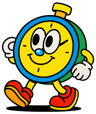 The GoodTimes stopwatch mascot walking along