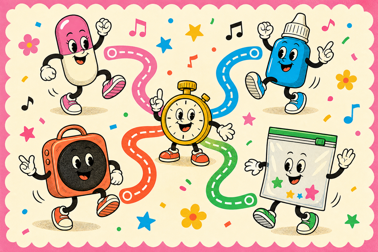 Four dancing object mascots, each with their own colorful timer track