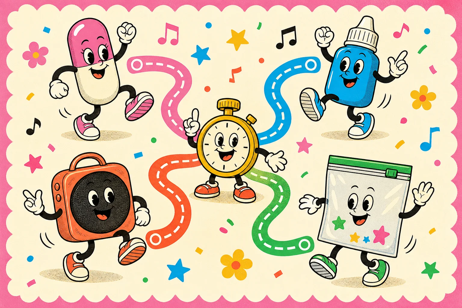 Four dancing object mascots, each with their own colorful timer track