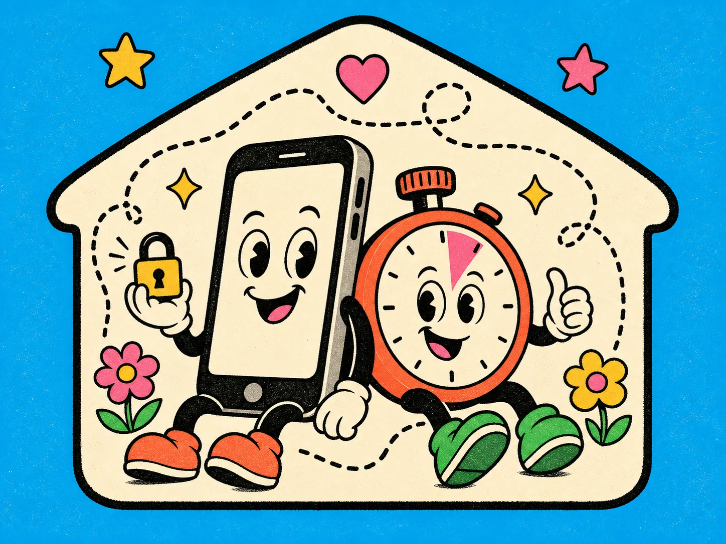 A friendly phone and stopwatch keeping a timer safely at home